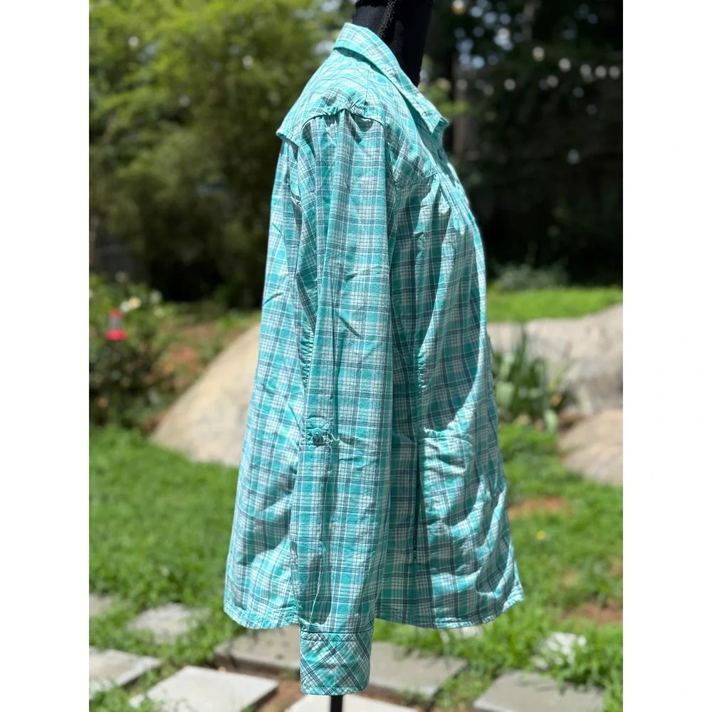 Eddie Bauer Womens Large Turquoise Plaid Button Up Roll Tab Sleeve Hiking Shirt